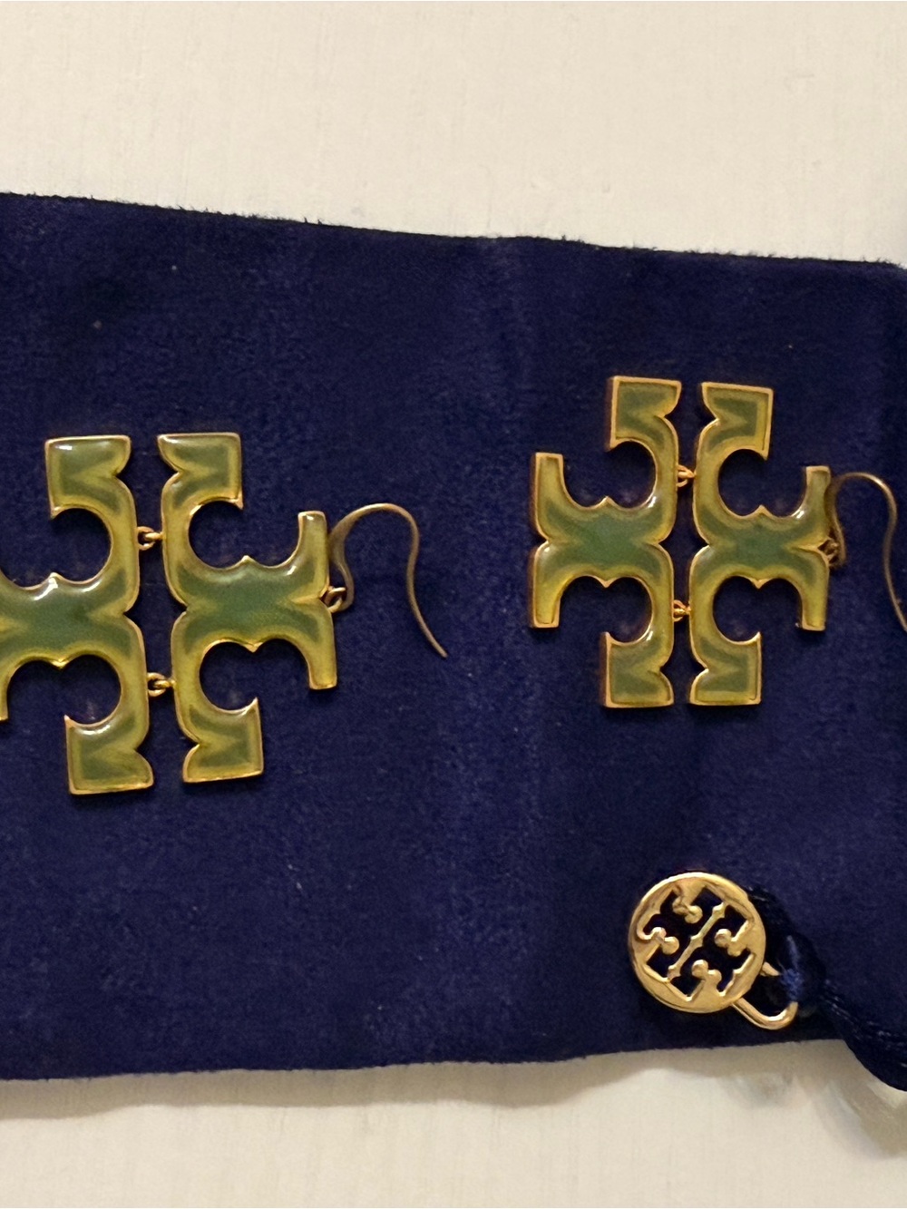 Tory Burch Gold-Tone Earrings with Green Enamel Logo